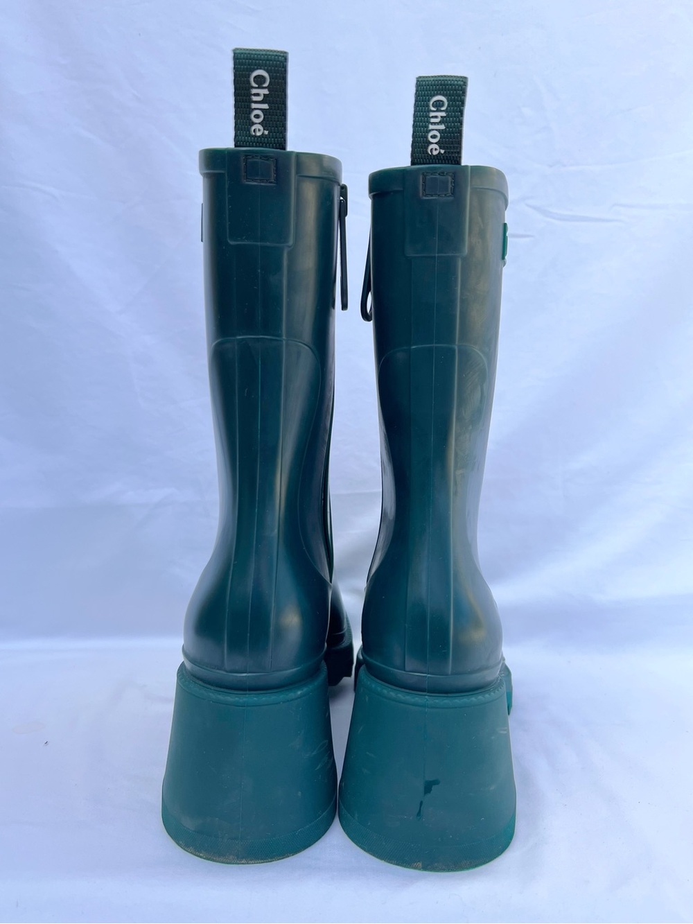 Chloe Betty Dark Emerald Green Rubber Heel Rain Boots Women’s Size 39 US 8 - Picture 8 of 15